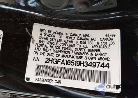 2009 Honda Civic Lx z USA, uszkodzony, nr VIN 2HGFA16519H349744
